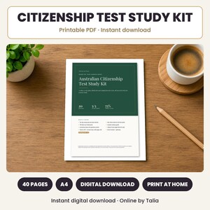 May include: A digital Australian Citizenship Test Study Kit document featuring a dark green header with white text. The page outlines a 30-day study plan, flashcards, and practice tests. The document is presented as a printable PDF file.