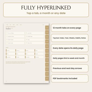 2027 digital planner: A digital planner interface featuring a beige index page with twelve month tabs on the right side. The top bar includes links for Index, Year, Weeks, Habits, and Notes. Text boxes list sections like Year at a Glance, Goals, and monthly calendars.