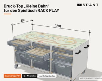Modèle de tapis de jeu à imprimer pour table de jeu RACK PLAY – surface de jeu à imprimer et à coller, 12 pages A4 PDF, circuit de train en bois