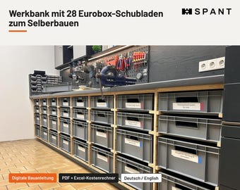 Fabriquez votre propre établi avec Euroboxes – Instructions de montage PDF avec calculateur de coût, établi de 3 m avec 28 tiroirs pour atelier et garage