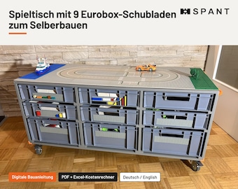 Construisez votre propre table de jeu RACK PLAY avec tiroirs Eurobox et 4 plateaux imprimables – Instructions de montage PDF avec calculateur de coût et schémas des surfaces de jeu