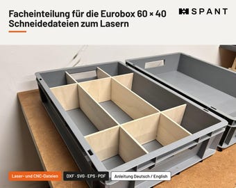 Plan de compartiment Eurobox sous forme de fichier de découpe laser – Cloisons en bois sans fond pour Euroboxes 60x40, grille de 15, formats dxf, svg, eps et pdf, épaisseur 6 mm