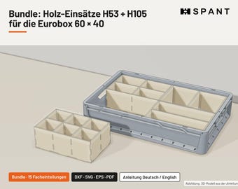 Lot d'inserts pour Eurobox (fichiers pour découpe laser ou fraisage) : boîtes de tri en bois de 2 hauteurs pour Eurobox 60x40, formats dxf, svg, eps et pdf, 15 grilles.