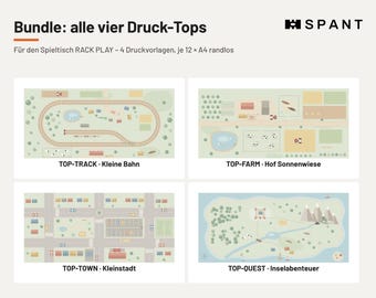 Ensemble de tapis de jeu imprimables avec 4 motifs pour la table de jeu RACK PLAY : chemin de fer, ferme, ville et île (PDF).