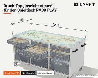 Tapis de jeu imprimable Île avec château et dragon pour la table de jeu RACK PLAY – surface de jeu à imprimer et à coller, 12 feuilles PDF A4