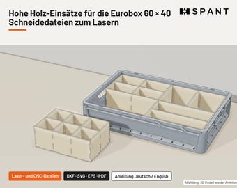 Inserts pour Eurobox (format catalogue) – boîte de tri en bois pour Eurobox 60x40, formats dxf, svg, eps et pdf pour contreplaqué de 4 et 6 mm – découpe laser et fraisage, hauteur 105 mm