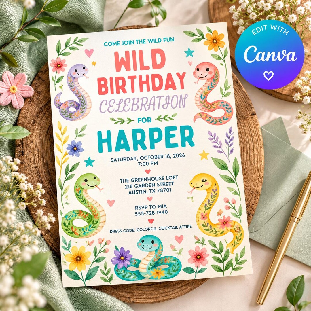 Snake Birthday Invitation, Editable Canva Reptile Party Template - Etsy