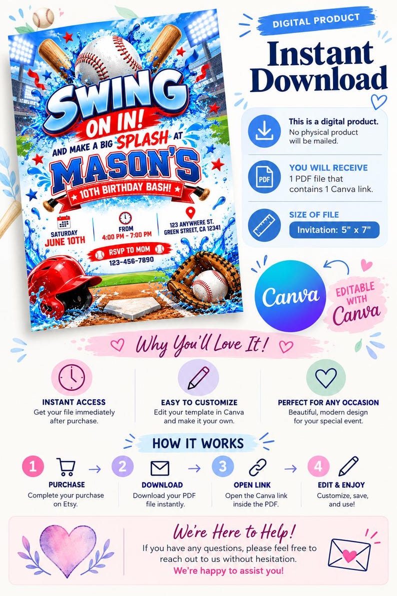 Baseball Birthday Invitation, Blue Splash Sports Canva Template - Etsy
