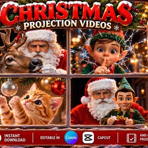 Może przedstawiać: Cyfrowa kolekcja czterech świątecznych filmów projekcyjnych przedstawiających Świętego Mikołaja, renifera, elfa i kotka. Grafika zawiera tekst CHRISTMAS PROJECTION VIDEOS, 4 VIDEOS, MP4, 10 SEC EACH, FOR WINDOW & WALL PROJECTOR, INSTANT DOWNLOAD, EDITABLE IN CANVA, CAPCUT AND OTHER PROGRAMS.