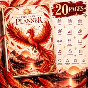 Könnte beinhalten: Ein Phoenix Planner Buch mit einem Cover-Bild eines roten und orangen Phönix, der über einem Bergsee aufsteigt. Der Text lautet Phoenix Planner und 20 Pages. Zwölf kreisförmige Symbole zeigen Abschnitte für täglich, wöchentlich, monatlich, Ziele, Finanzen, Ersparnisse, Fitness, Essensplaner, Studium, Musik, Passwörter, Notizen, Gewohnheiten, Stimmung, Termine, Abonnements und mehr.