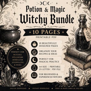 Könnte beinhalten: Ein digitales, druckbares PDF-Paket mit dem Titel Potion & Magic Witchy Bundle mit 10 Seiten. Die Grafik enthält Illustrationen eines dampfenden Kessels, einer Glasflasche auf Büchern, einer Kerze und Kristallen sowie Text zu A4- und US-Letter-Formaten.