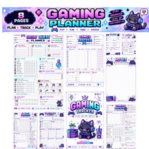 Könnte beinhalten: Ein digitales Gaming-Planer-Set mit 8 Seiten, das Pixel-Art, pastellfarbene violette und blaue Farbschemata sowie eine schwarze Katze mit Kopfhörern zeigt. Die Seiten enthalten tägliche Quest-Planer, Spiel-Tracker und Notizbereiche.