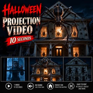 May include: A digital Halloween projection video featuring a giant spider on a house, a ghostly figure in a window, and text reading HALLOWEEN PROJECTION VIDEO 10 SECONDS. The display includes icons for video, no sound, house, and scissors.