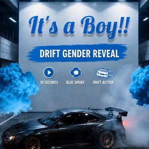 Könnte beinhalten: Ein dunkelgrauer Sportwagen beim Driften, der dichten blauen Rauch ausstößt. Der Text lautet: It's a Boy!! DRIFT GENDER REVEAL, 10 SECONDS, BLUE SMOKE, DRIFT ACTION, 10 SECONDS VIDEO, und PERFECT FOR GENDER REVEAL UNIQUE EMOTIONAL UNFORGETTABLE.