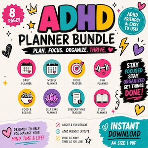 Könnte beinhalten: Ein 8-seitiges ADHS-Planer-Paket mit farbenfrohem Text und Symbolen. Enthält Tages-, Wochen-, Fitness-, Ernährungs-, Selbstpflege-, Abonnement- und Studienplaner. Text beinhaltet ADHD PLANNER BUNDLE, PLAN. FOCUS. ORGANIZE. THRIVE. und STAY FOCUSED STAY ORGANIZED GET THINGS DONE!