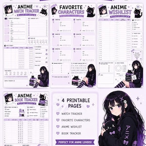 Könnte beinhalten: Ein digitales Anime-Tracker-Set mit vier druckbaren Seiten in Violett-Tönen. Das Set enthält einen Anime-Watch-Tracker, eine Liste für Lieblingscharaktere, eine Anime-Wunschliste und einen Buch-Tracker, verziert mit Illustrationen eines Mädchens und einer schwarzen Katze.