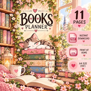 Könnte beinhalten: Ein Bücherplaner mit 11 Seiten, der ein schlafendes Kätzchen auf einem Stapel bunter Bücher, eine Laterne, eine Tasse mit Herz und rosa Blumen zeigt. Der Text lautet Books Planner, 11 Pages, Instant Download, Print at Home, A4 Size.