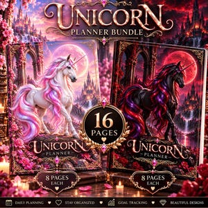 Könnte beinhalten: Ein Unicorn Planner Bundle mit zwei Planern und insgesamt 16 Seiten, 8 Seiten pro Planer. Der linke Planer zeigt ein weißes Einhorn mit rosa Mähne, der rechte ein schwarzes Einhorn mit roter und violetter Mähne, beide vor einer Schlosskulisse.