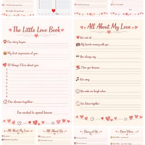 Könnte beinhalten: Eine Sammlung cremefarbener Schreibpapierbögen mit roten Herzmotiven und gedruckten Aufforderungen für romantische Tagebucheinträge. Die Seiten enthalten Titel wie The Little Love Book, All About My Love und Open When mit linierten Abschnitten zum Schreiben persönlicher Notizen und Erinnerungen.