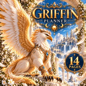 Peut inclure: Un Griffin Planner de 14 pages, illustré d'un grand griffon blanc et doré aux ailes déployées, portant des bijoux en pierres bleues. Le fond montre un palais en pierre blanche avec des cascades et des fleurs. Le texte indique Griffin Planner et 14 Pages.