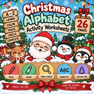 Könnte beinhalten: Ein digitales Arbeitsblatt-Cover mit dem Titel Christmas Alphabet Activity Worksheets mit 26 Seiten. Es zeigt Illustrationen von Weihnachtsmann, Rentier, Schneemann und Pinguin. Symbole zum Nachzeichnen, Ausmalen, Suchen, Einkreisen und Vervollständigen sind enthalten.