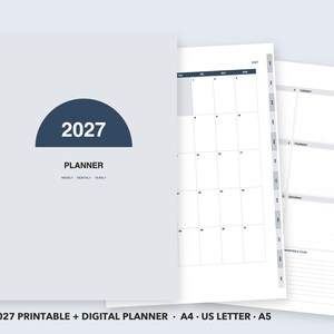2027 Planner Printable, Navy Dot Grid Dated Planner, Digital Planner GoodNotes, A4 A5 US Letter, Weekly Monthly Planner Inserts