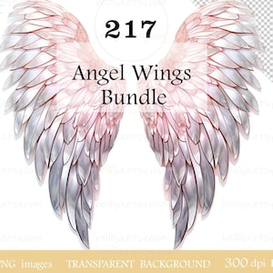 217 Angel Wings Clipart Bundle Watercolor PNG Transparent Background Pink White Illustrations Heaven Wing Shape, Wall Art, Digital Download