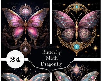 Watercolor Butterfly Moth Dragonfly Moon Background Clipart 24 Images  Magical Fantasy Whimsical Illustrations