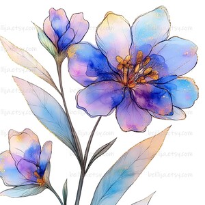 12 Abstract Purple Flower Watercolor Clipart Bundle, Blue and Purple Gold Flowers, High Quality PNG and JPGs, Digital Clip Art, DIY Projects