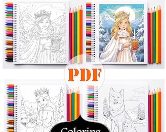 Coloring Pages PDF 10 Images Winter Landscape, Girl, Boy, Dog, Mountains, Digital Instant Download