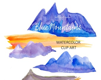 Mountains Watercolor, Watercolour Mountain Clip Art, Hills, Mountain Graphics, Green Blue Mountains, 14 PNG Elements, Digital Images