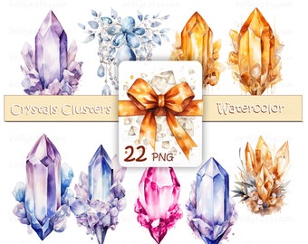 Crystal Cluster Clipart Set, Watercolor Pink Yellow Orange Blue Purple 22 ClipArt Images for cards, scrapbooking - instant download - CU OK