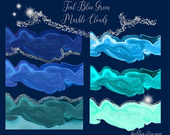 Teal Blue Green Ocean Waves Silver Edge Transparent Background, Digital Images 19 .png files