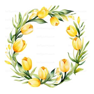 48 Clipart Couronne de tulipes jaunes, fleurs printanières des cliparts aquarelle imprimable, PNG de haute qualité, téléchargement numérique, projets d'artisanat en papier