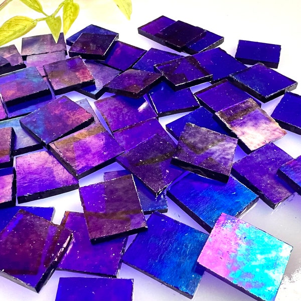 Glass Squares, 50 pcs. Iridescent Cobalt Color Glass Pieces, DIY Glass for Craft Projects and Art, Blue Stained Glass.