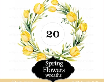 20 Spring Flowers Wreath Clipart, Tulips, Hyacinth, Printable Watercolor Clipart, High Quality JPGs, Digital Download, Paper Craft Projects