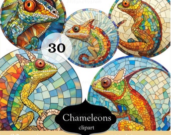 Stained Glass Chameleon PNG Sublimation Digital Design Download Stain Glass Clipart 30 Images, Digital Illustrations