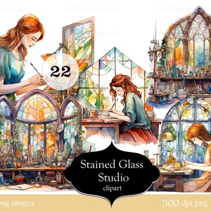 May include: Watercolor clipart set featuring a stained glass studio theme. The images include women working on art projects, stained glass windows, and studio tools. The set includes the text "Stained Glass Studio clipart" and "22 .png images".