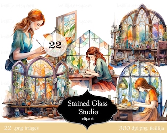 Watercolor Stained Glass Studio, Glass Art Hobby, Colorful Widows, Artist in her Studio, Art workshop, 22 png images