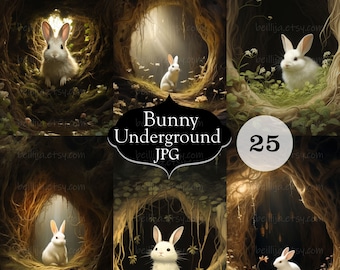 25 Cute Bunny Clipart, Enchanted Forest Underground Cave Roots Printable Clipart, High Quality JPGs, Digital Download, Paper Craft Projects