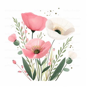 18 Blumen Aquarell Clipart, wunderliche Pastell Rosa Blumen Mohnblumen. Niedliche Illustrationen Clip Art, hochwertige JPGs, digitaler Download, CU OK