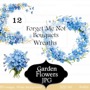 12 cliparts ne m'oubliez pas, Couronne de fleurs des cliparts aquarelle imprimable, PNG et JPG de haute qualité, téléchargement numérique, projets d'artisanat en papier