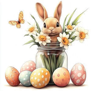 12 schattige paashaas clipart, tulpen narcissen, eieren, hoge kwaliteit jpg's, digitale download, papier ambachtelijke projecten, afdrukbare aquarel JPG
