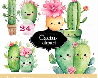 24 png Watercolor Cactus Clipart, Cacti and Flowers Clip art, House Plants, Set of cactus digital images, pink, yellow, green colors, cu-ok