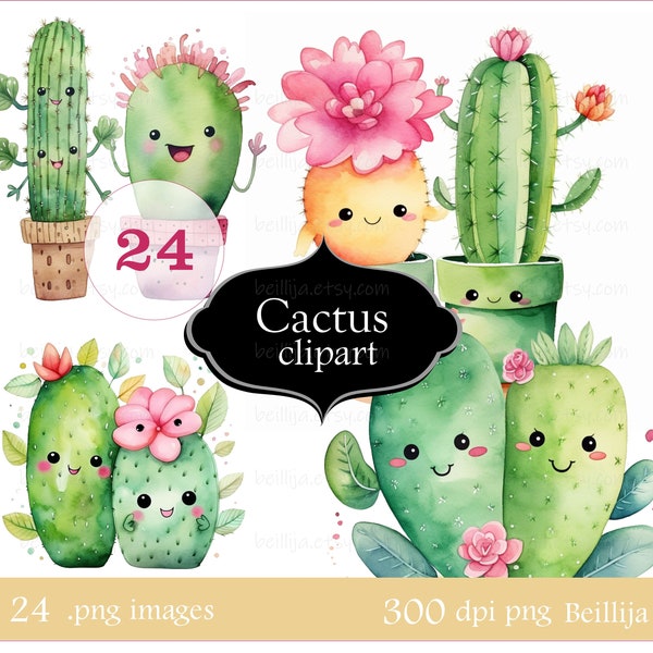 24 png Watercolor Cactus Clipart, Cacti and Flowers Clip art, House Plants, Set of cactus digital images, pink, yellow, green colors, cu-ok