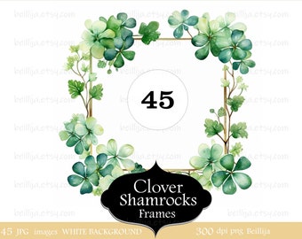 45 Shamrocks Clover Clipart, Watercolor Clipart, Plant Flowers Printable High Quality JPGs, Digital Download, Paper Craft Projects