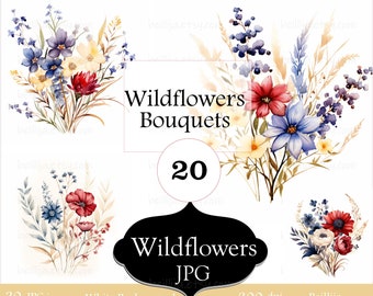 20 Wildflowers Clipart, Wild Flowers, Meadow Flower, Printable Watercolor Clipart, High Quality JPGs, Digital Download, Digital Clip Art