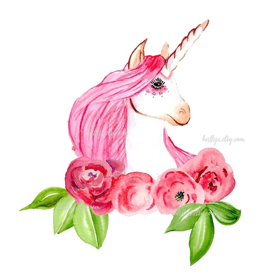 Watercolor Unicorn Clipart Pony With Roses Digital Image 1 Etsy