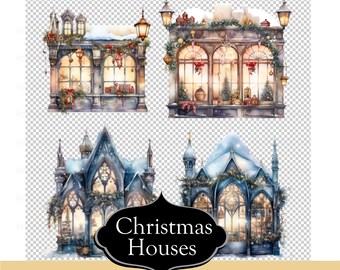 Watercolor Christmas Houses. Fabulous lights for the holidays. Christmas houses in  Baroque and Gothic fantasy style. Shop windows.