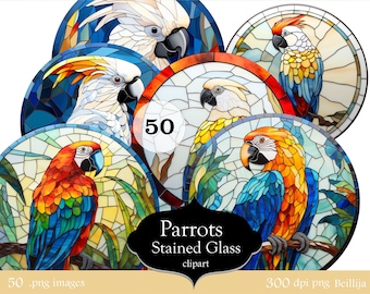 Stained Glass Parrot Bundle PNG Sublimation Digital Design Download Stain Glass Clipart 50 Images, Digital Illustrations